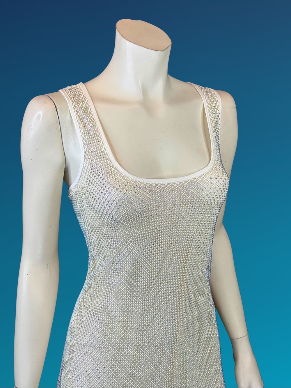Y2K White Rhinestone Mesh Net Sheer Dress | Fairycore Rave | M - Picture 4 of 16
